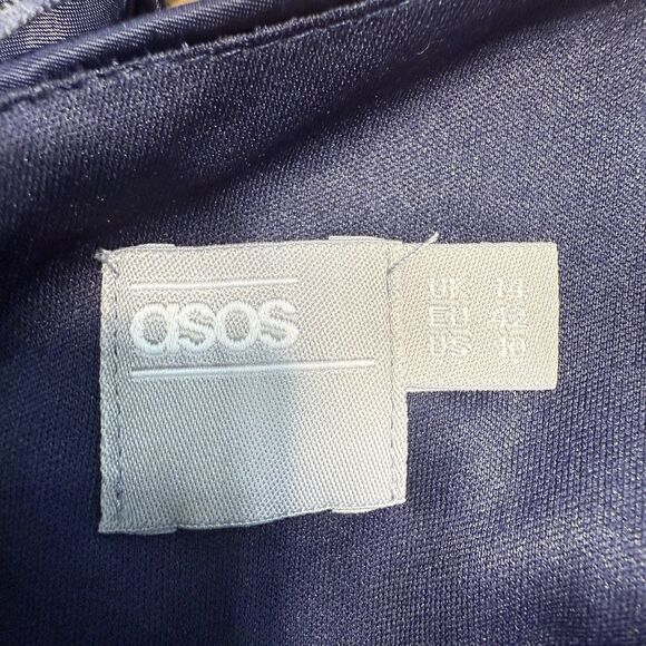 Navy Draped Dress One-Shoulder Satin Sz 10 Slit Evening Cocktail Blue Long ASOS - Picture 12 of 16